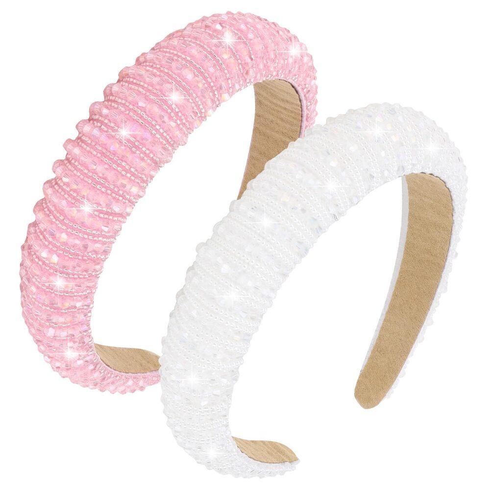 4071 White & Pink Rhinestone Headbands, 2pcs Fashion Cute Bling Sparkly